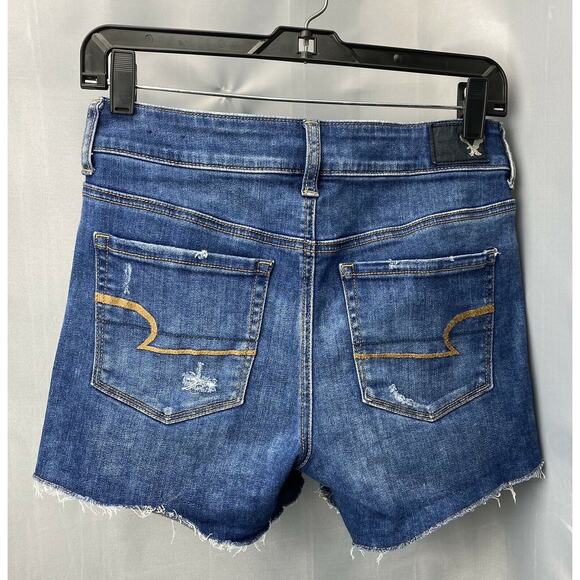 American Eagle Hi-Rise Shortie Sz 4 Denim Jean Shorts Holes Raw Hems - Picture 2 of 8